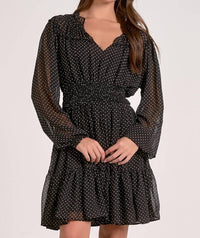 ELAN Long Sleeve Gathered Neck Mini Dress in black polka dot - women's dress