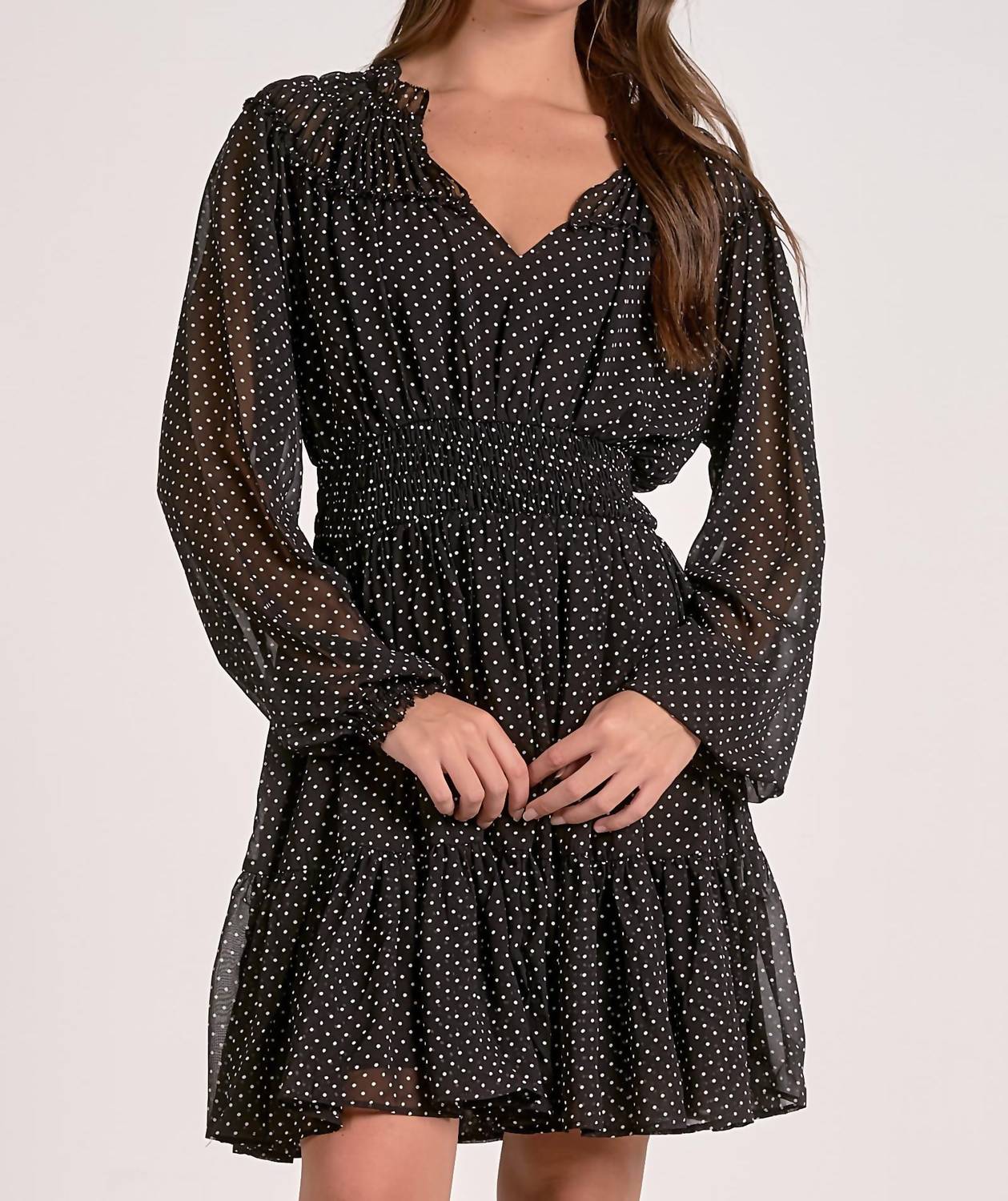 ELAN Long Sleeve Gathered Neck Mini Dress in black polka dot - women's dress
