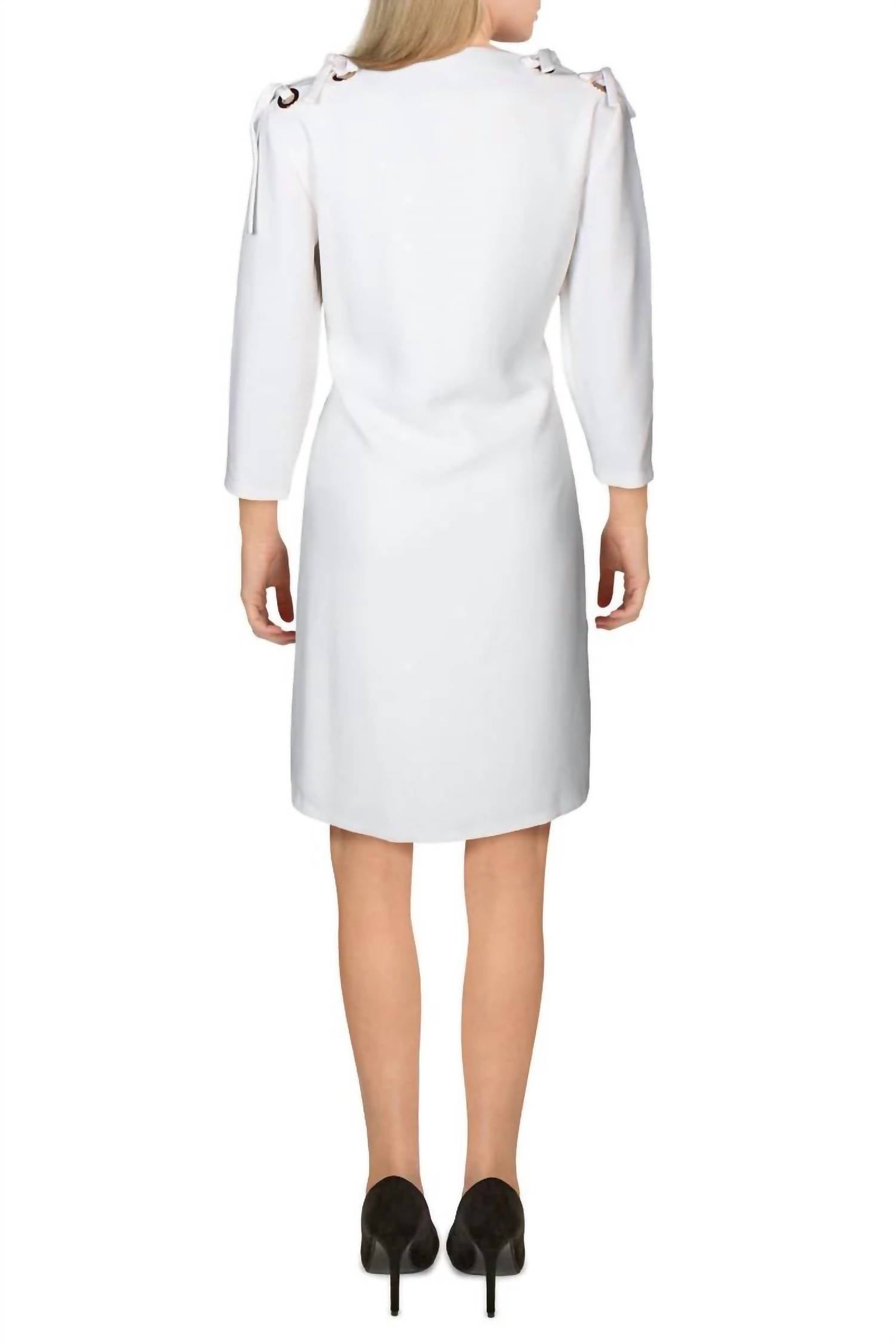T Tahari - V-neck 3/4 Sleeve Ribbon Shoulder Dress