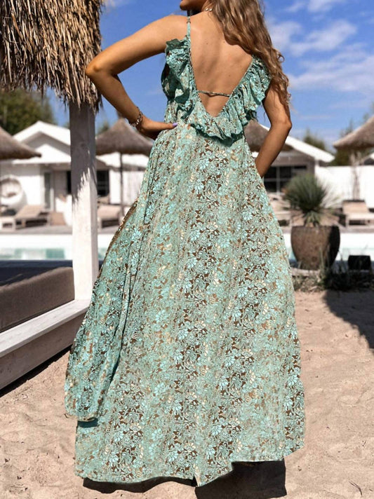 Lovesoft - Floral Print V Neck Ruffled Trim Backless Tassel Waist Maxi Dress