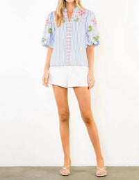 Thml - Puff Sleeve Striped Embroidery Detail V-neck Top