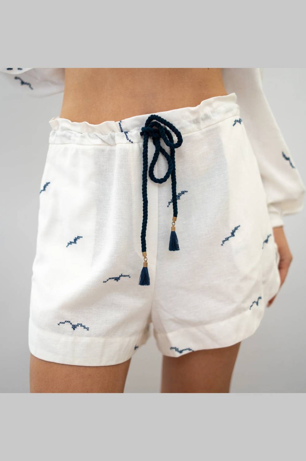 Dress To - Nautical Embroidered Drawstring Linen Shorts