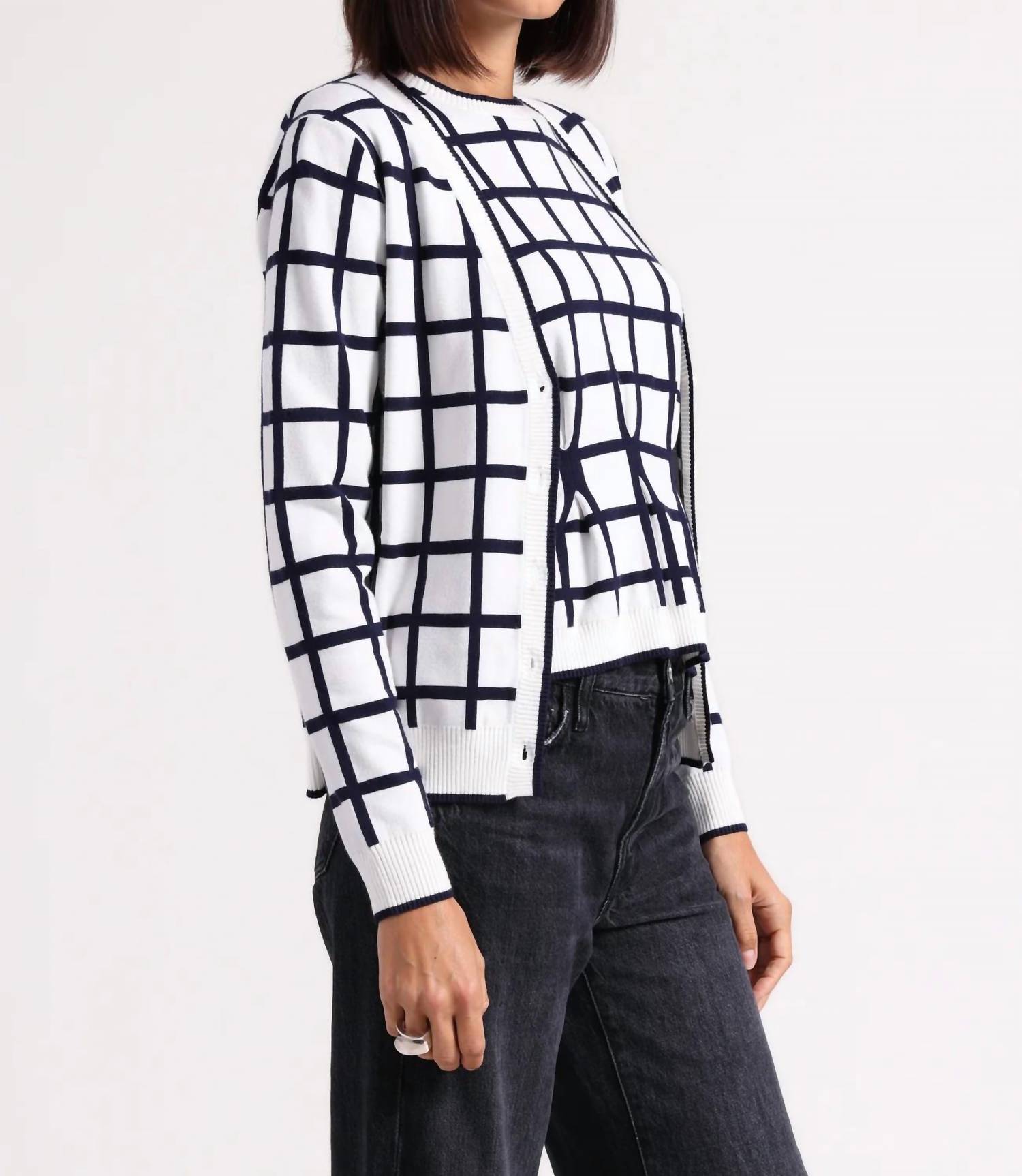 Minnie Rose - Viscose Windowpane V-neck Cardigan