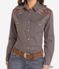 Panhandle Roughstock Long Sleeve Western Snap Shirt in brown blue print - women's shirt - detail view