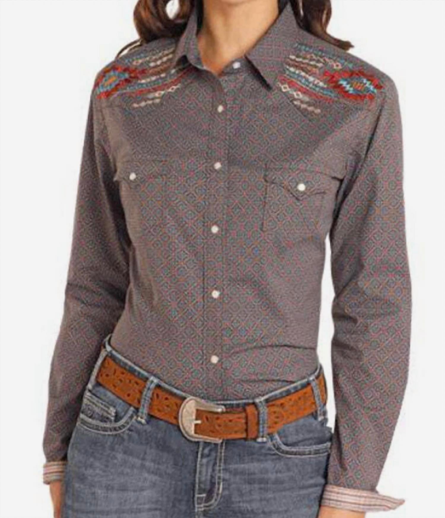 Panhandle Roughstock Long Sleeve Western Snap Shirt in brown blue print - women's shirt - detail view