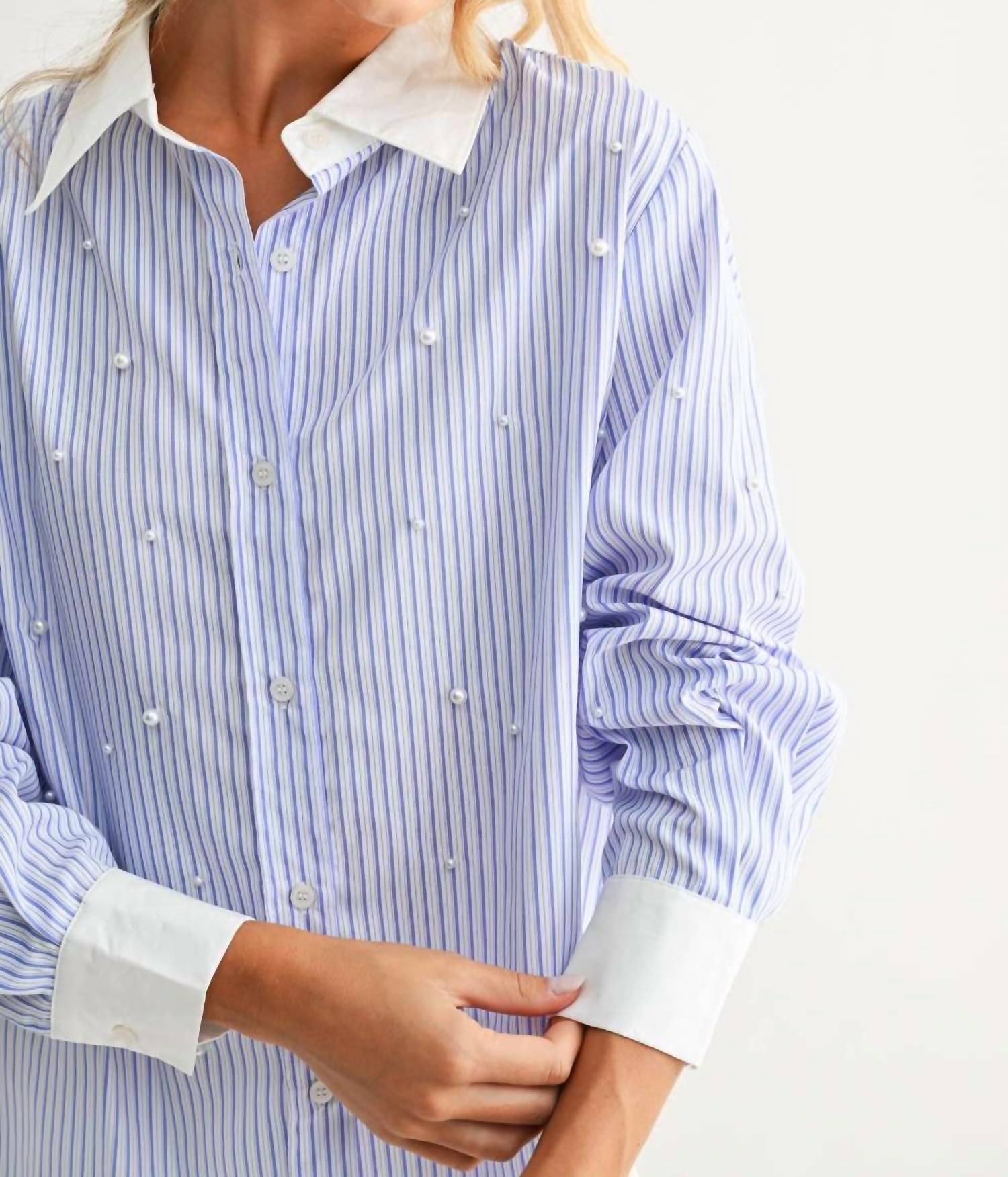 Joh Jullian Top with Pearls in blue - women's long sleeve top - alternate view