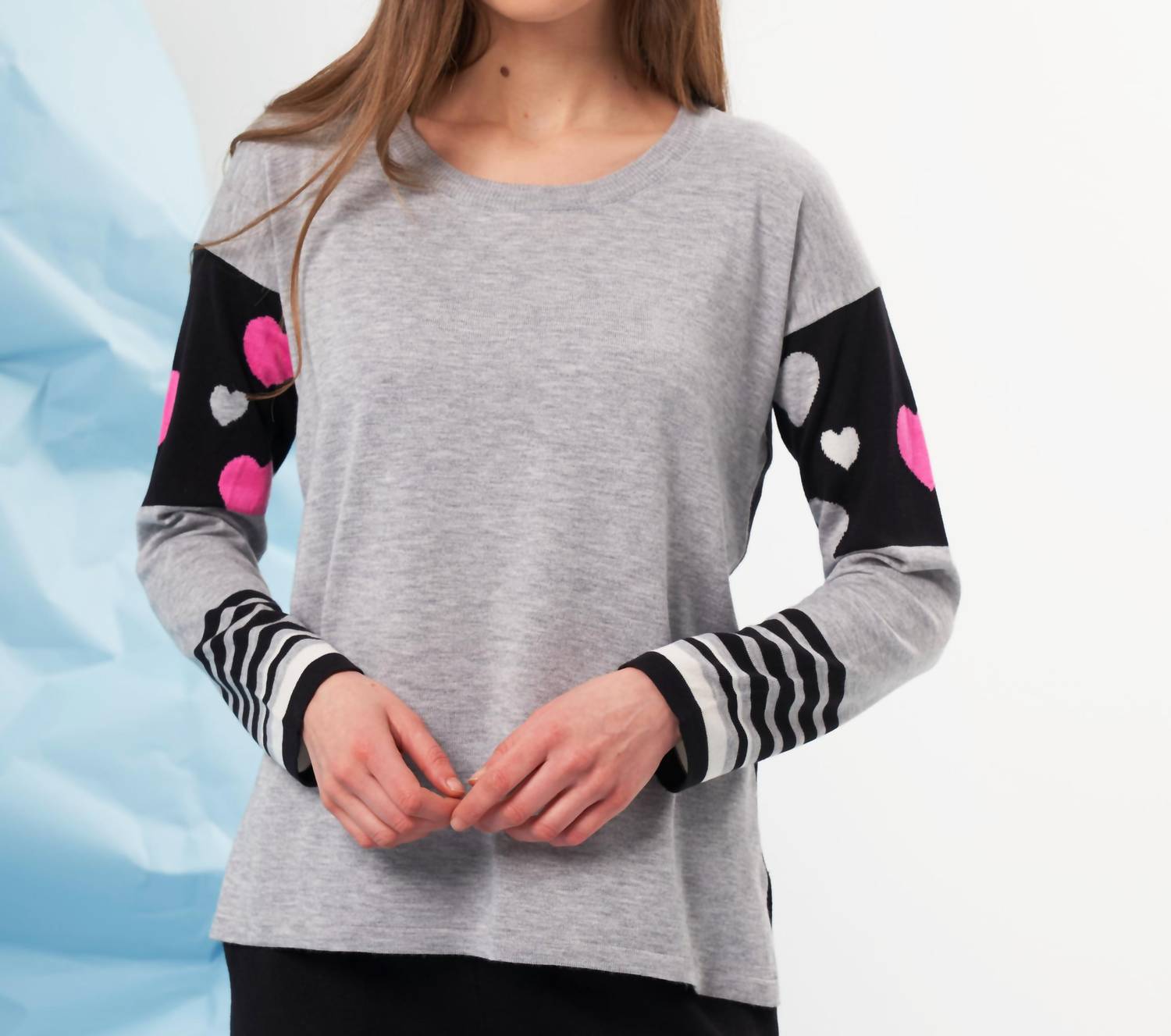 french kyss Heart Detail Scoop Neck Top in slate multi - women's sweater