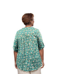 On The Plus Side - Printed 3/4 Sleeve Mandarin Roll Button Blouse - Plus