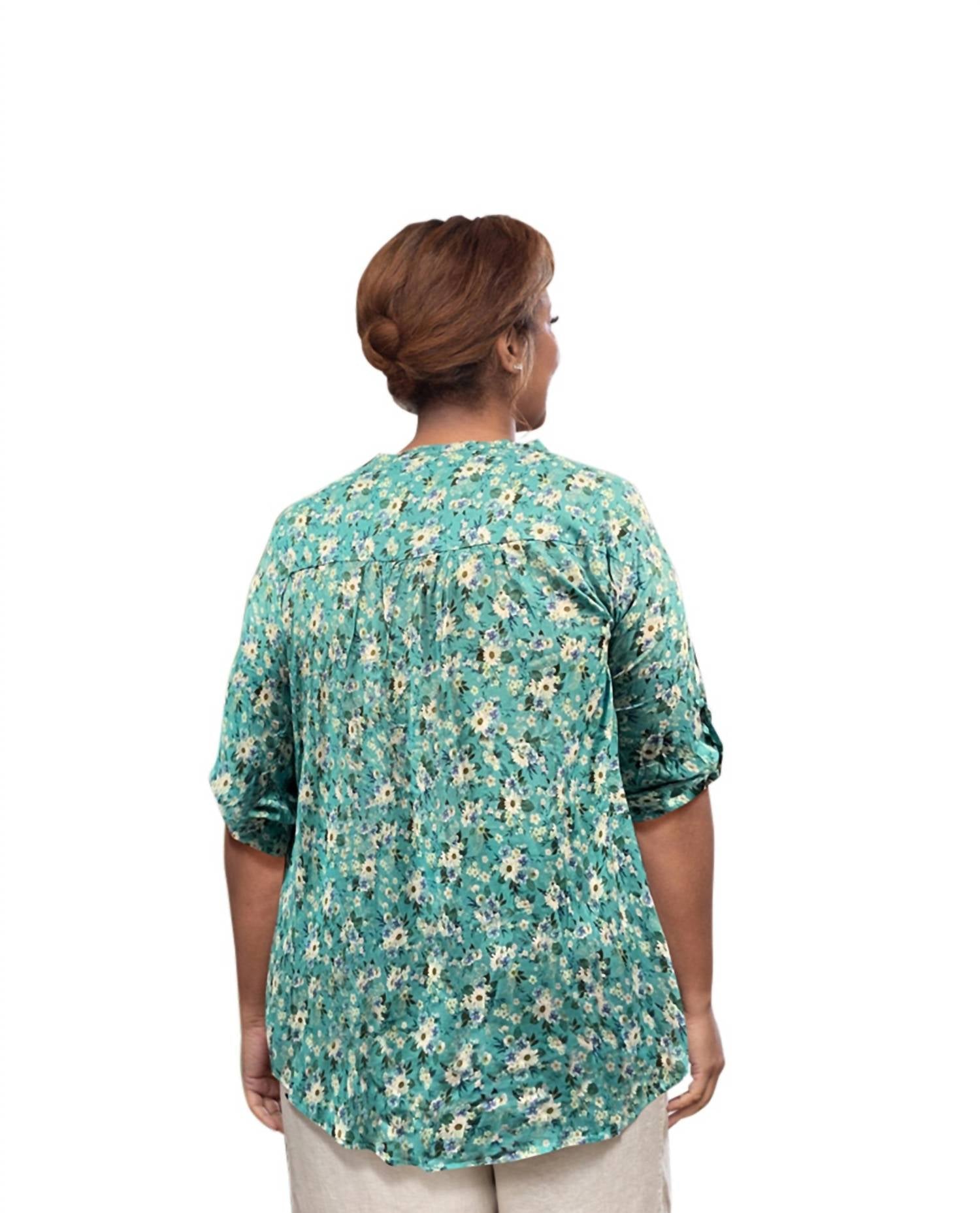 On The Plus Side - Printed 3/4 Sleeve Mandarin Roll Button Blouse - Plus