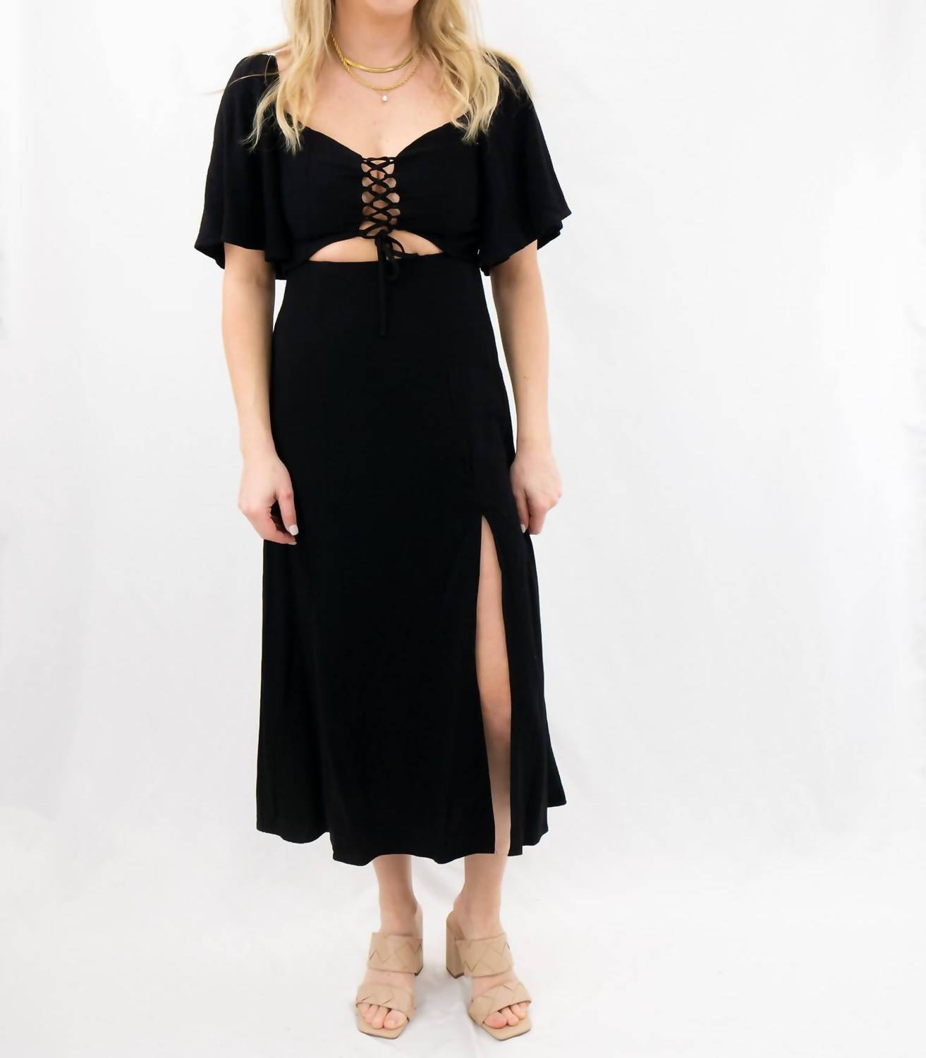 Love Is All Cutout Flutter Sleeve Corset Dress in black - women's dress