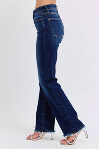Judy Blue - Mid Rise Straight Leg Fray Hem Jeans