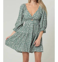 Angie - Cactus Print Long Sleeve V-neck Twist Front Cut Dress