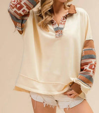 Bibi - French Terry Knit And Aztec Print Mixed Top