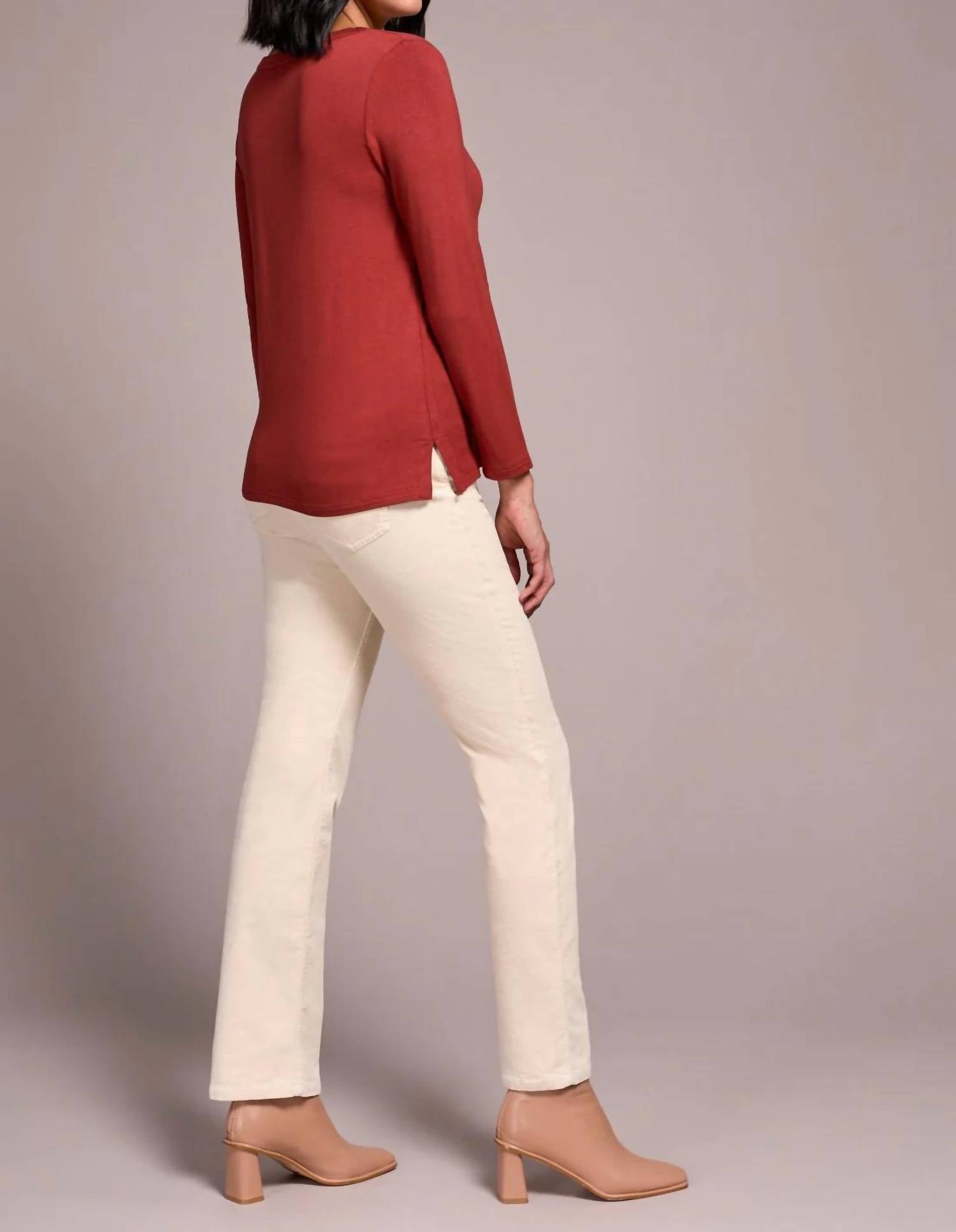 TRIBAL Scoop Neck Top with Side Slits in dark toffee - women's long sleeve top - detail view