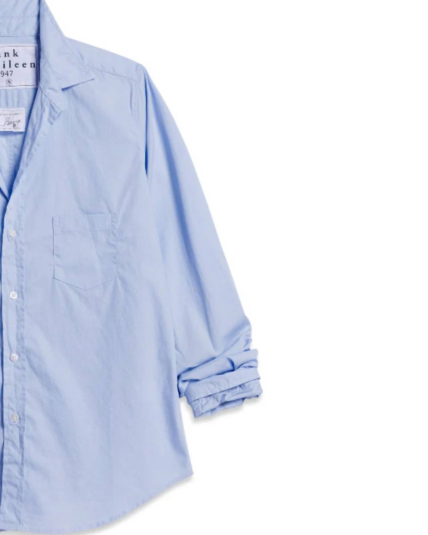 Frank & Eileen Women's Barry Button Up Top in solid blue 1 - women's long sleeve top - detail view