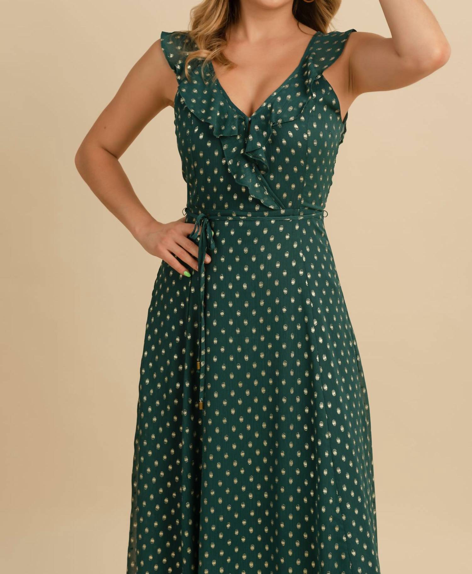 Fate - Foil Polka Dot Ruffle Neck Maxi Dress