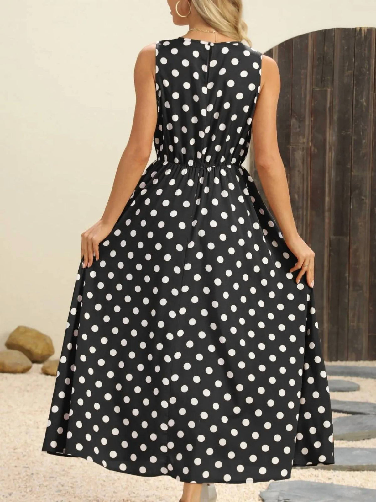 Mccolin - Polka Dot Round Neck Sleeveless Midi Dress