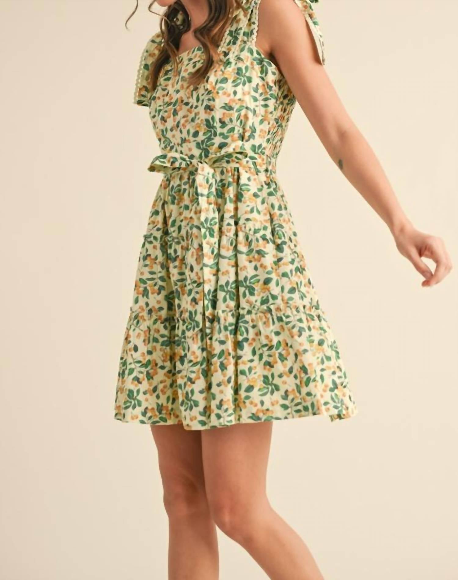Merci - Cherries Crochet Lace Trim Tie Strap Tiered Mini Dress