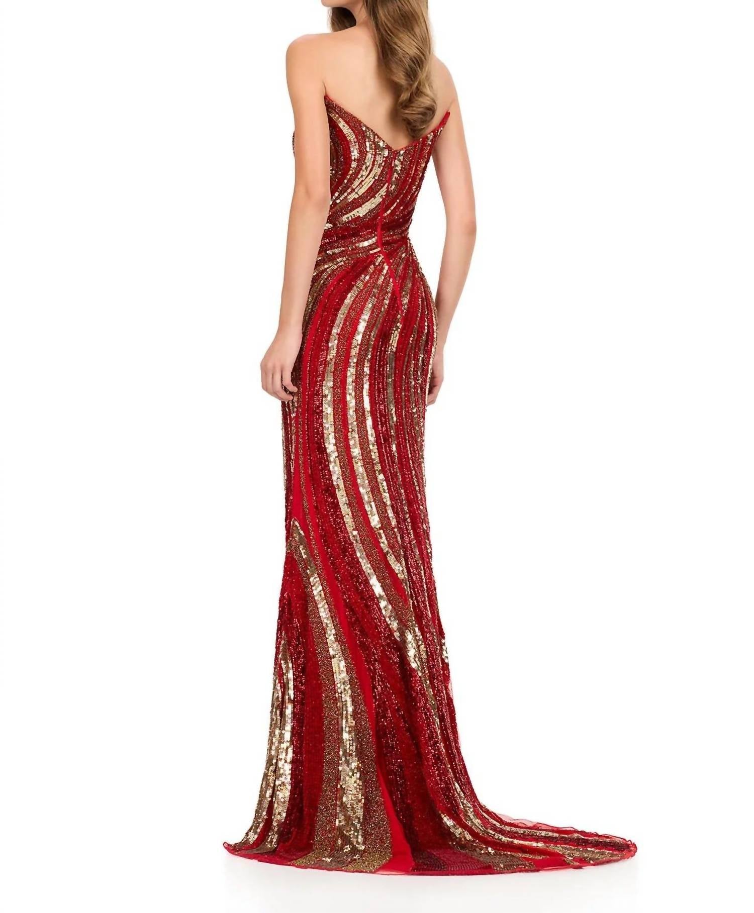 ASHLEYlauren Sweetheart Fitted Swirl Pattern Prom Dress in red gold - women's dress - detail view
