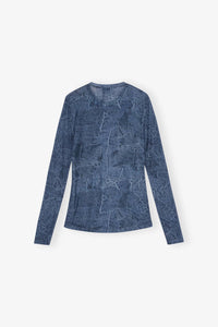 Ganni - Printed Mesh Long Sleeve Crew Neck Top
