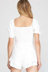 She + Sky - Short Puff Sleeve Layered Romper With Shirred Front