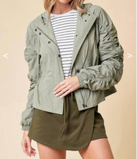 Doe and Rae Cinched Sleeve Parachute Jacket in moss green - women's jacket - detail view