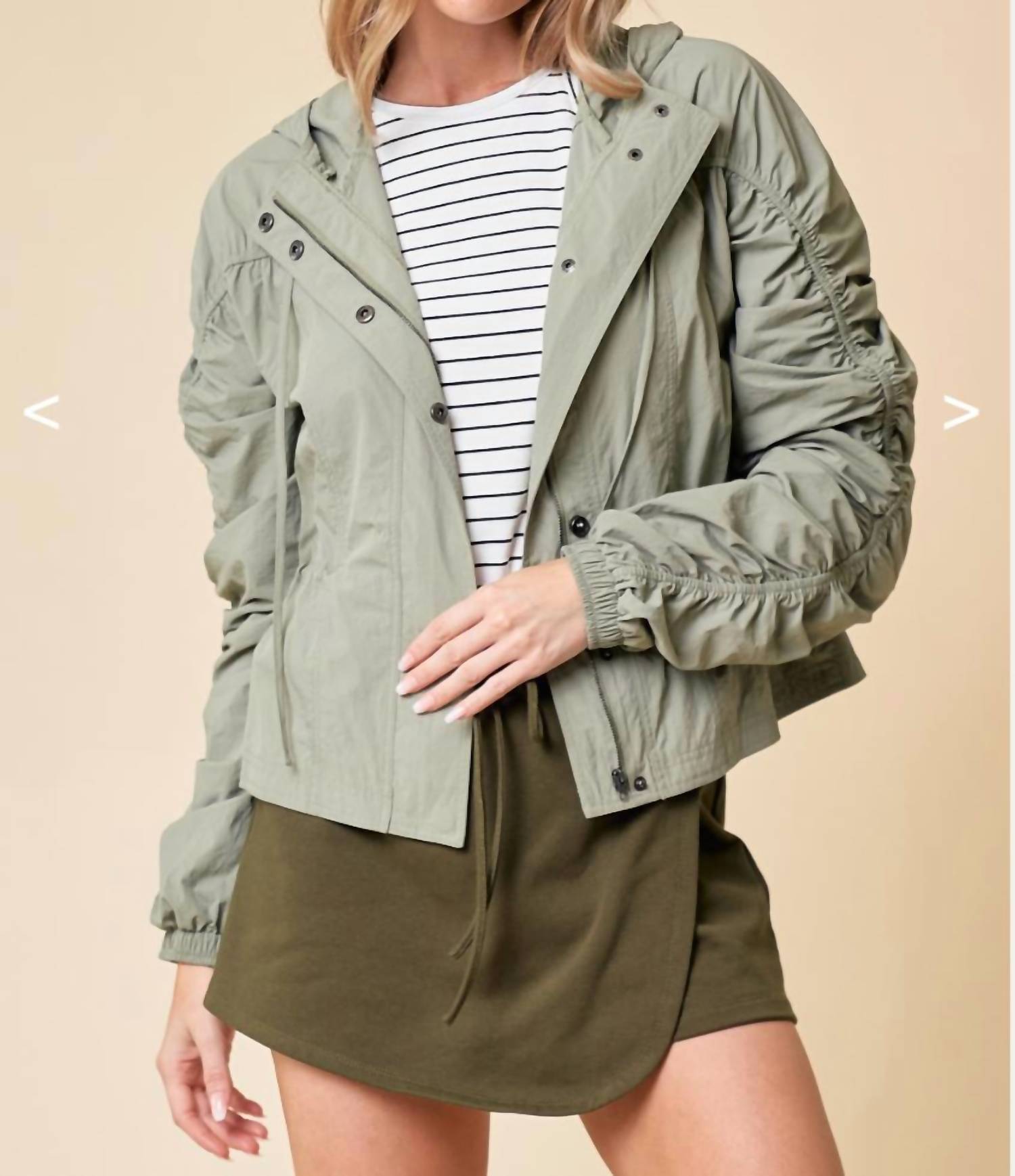 Doe and Rae Cinched Sleeve Parachute Jacket in moss green - women's jacket - detail view