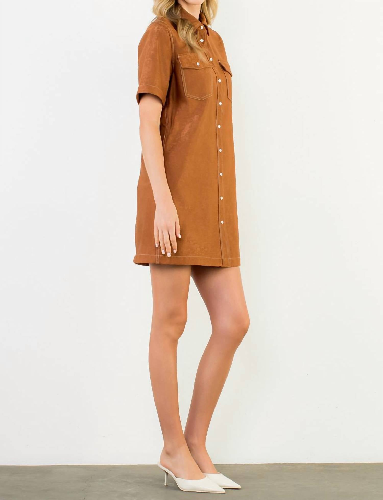 THML Short Sleeve Suede Dress in brown - women's dress - view 4