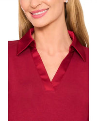 CeCe Collared V-neck Long Sleeve Jersey With Satin Detail Top in mulberry red - women's long sleeve top - view 4