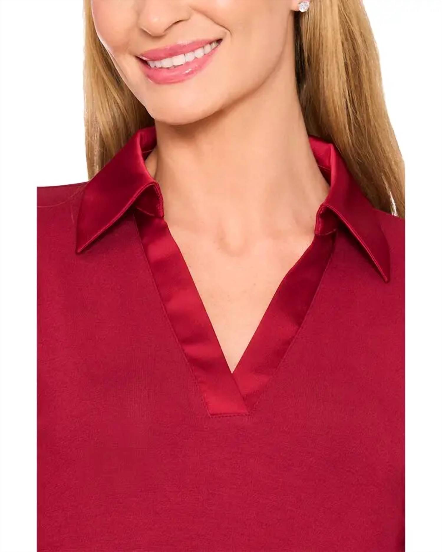 CeCe Collared V-neck Long Sleeve Jersey With Satin Detail Top in mulberry red - women's long sleeve top - view 4
