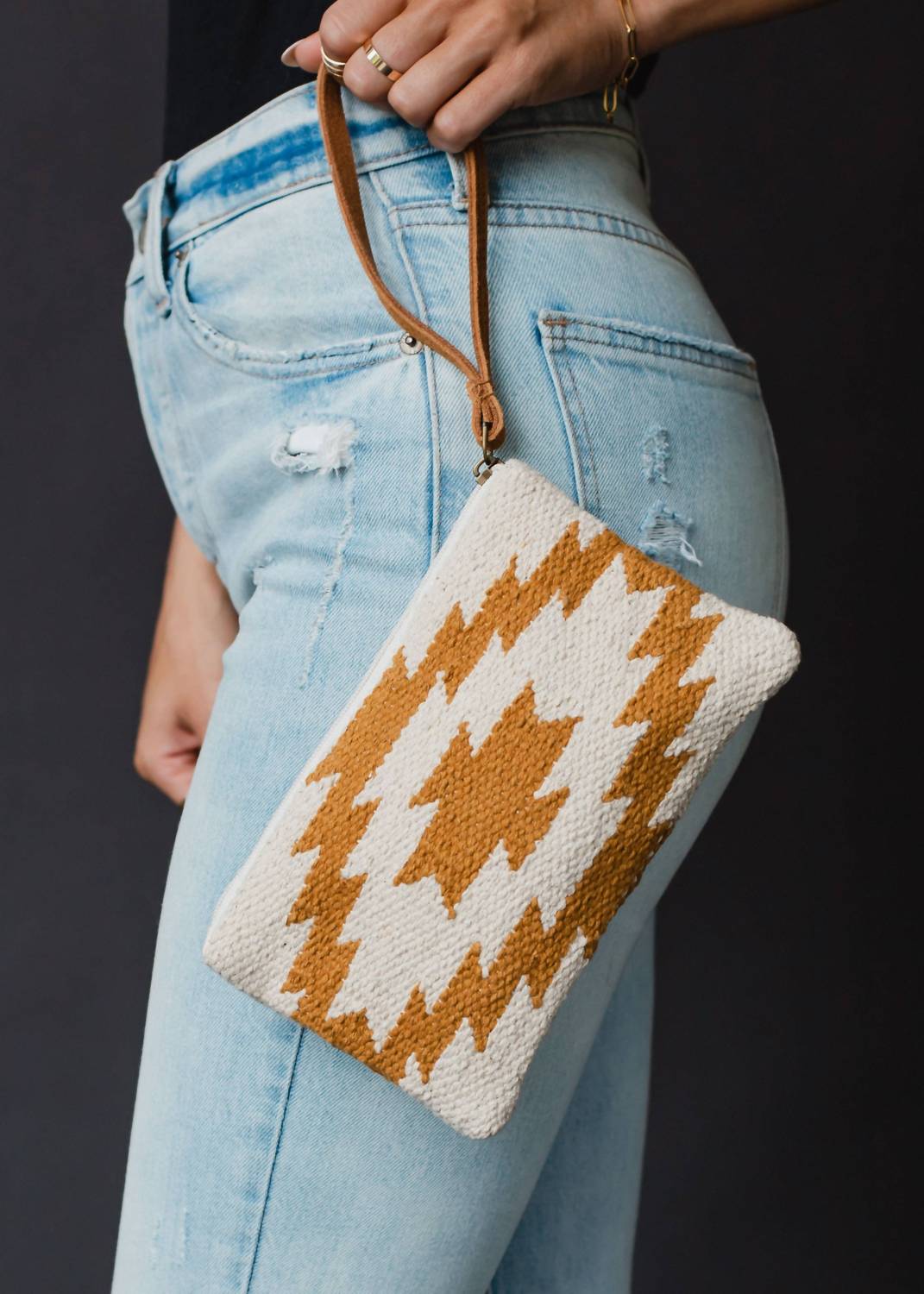 Panache Apparel Women's Western Aztec Cotton Wristlet in cream camel with leather pull - women's bag