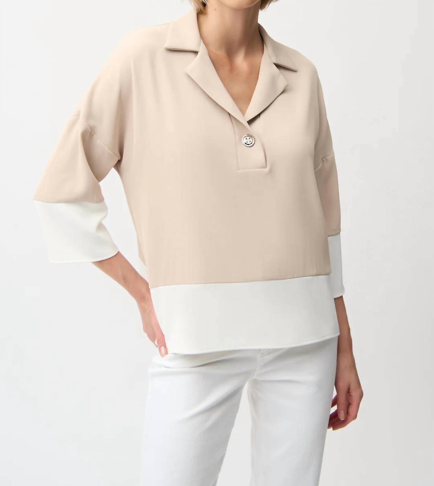 Joseph Ribkoff - Woven Twill Color Block Boxy Top with Shirt Collar