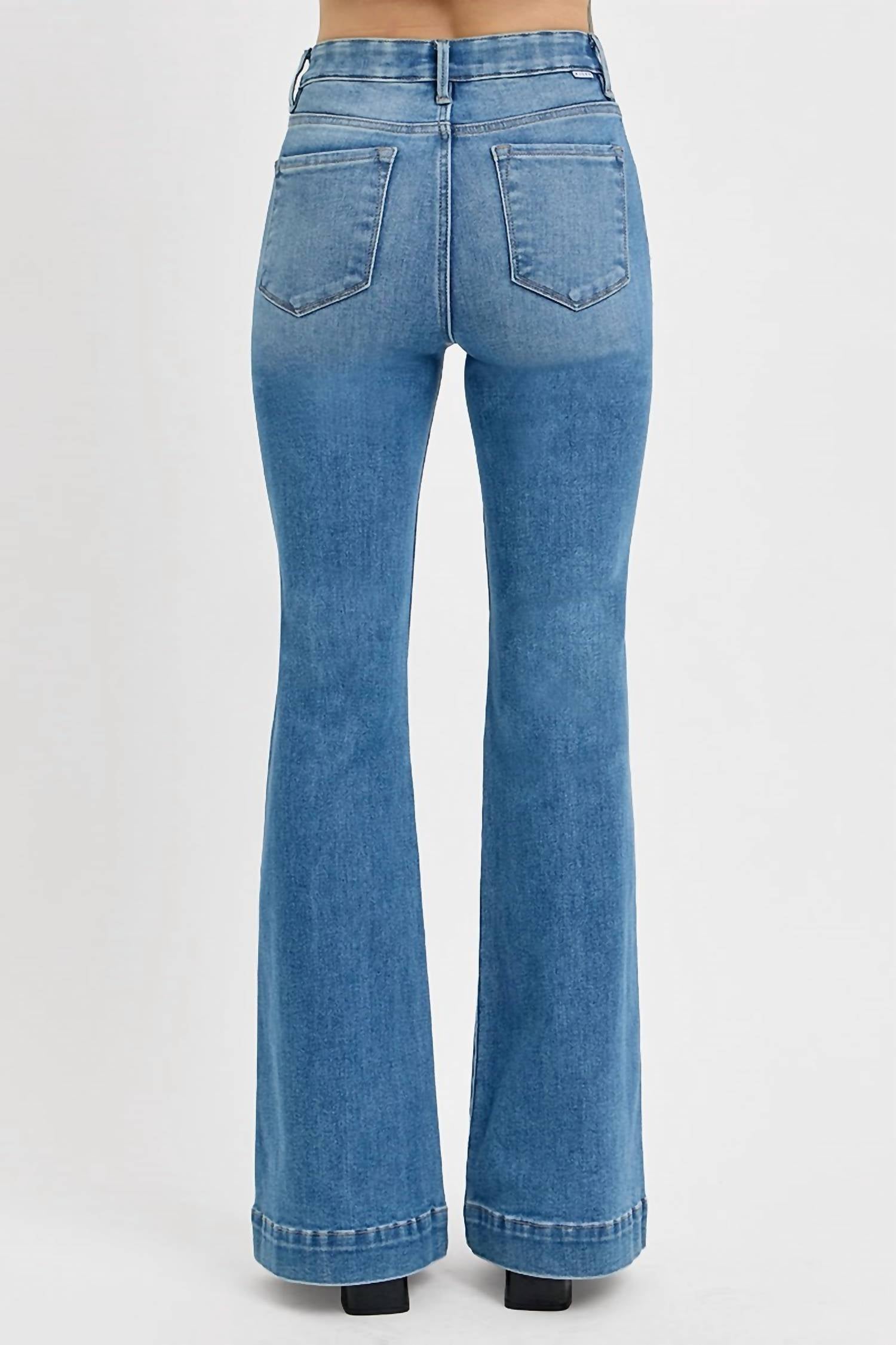 Risen - Elastic Band High Rise Flare Front Patch Pocket Jeans