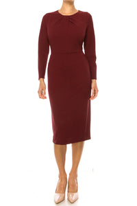 Maggy London - Long Sleeve Pleated Neck Sheath Dress