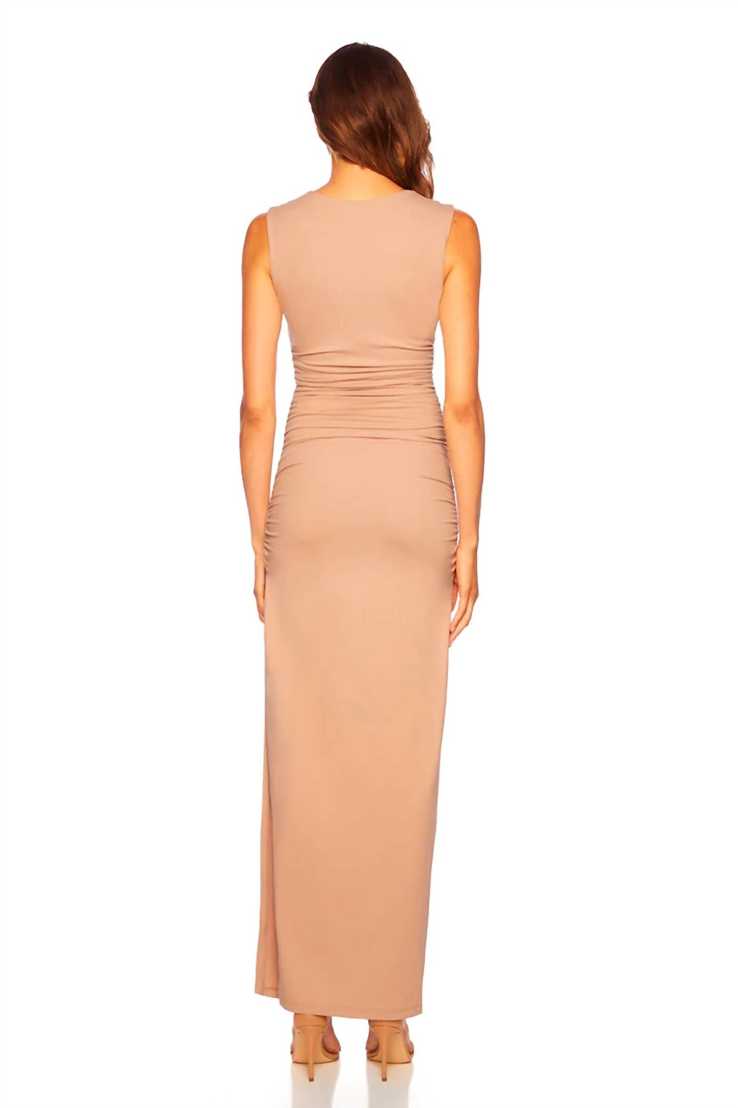 Susana Monaco Crew Neck Gathered Side Slit Dress in chamoisee - women's dress - alternate view