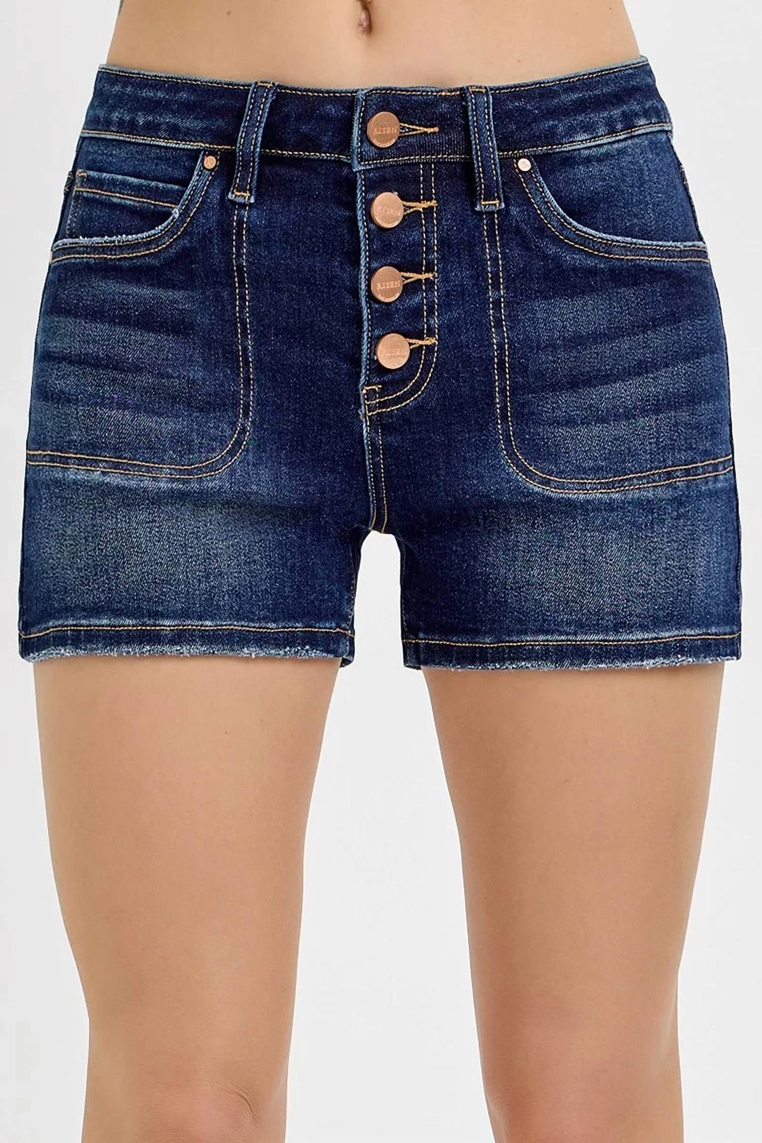 Risen - High Rise Denim Patch Pocket Shorts