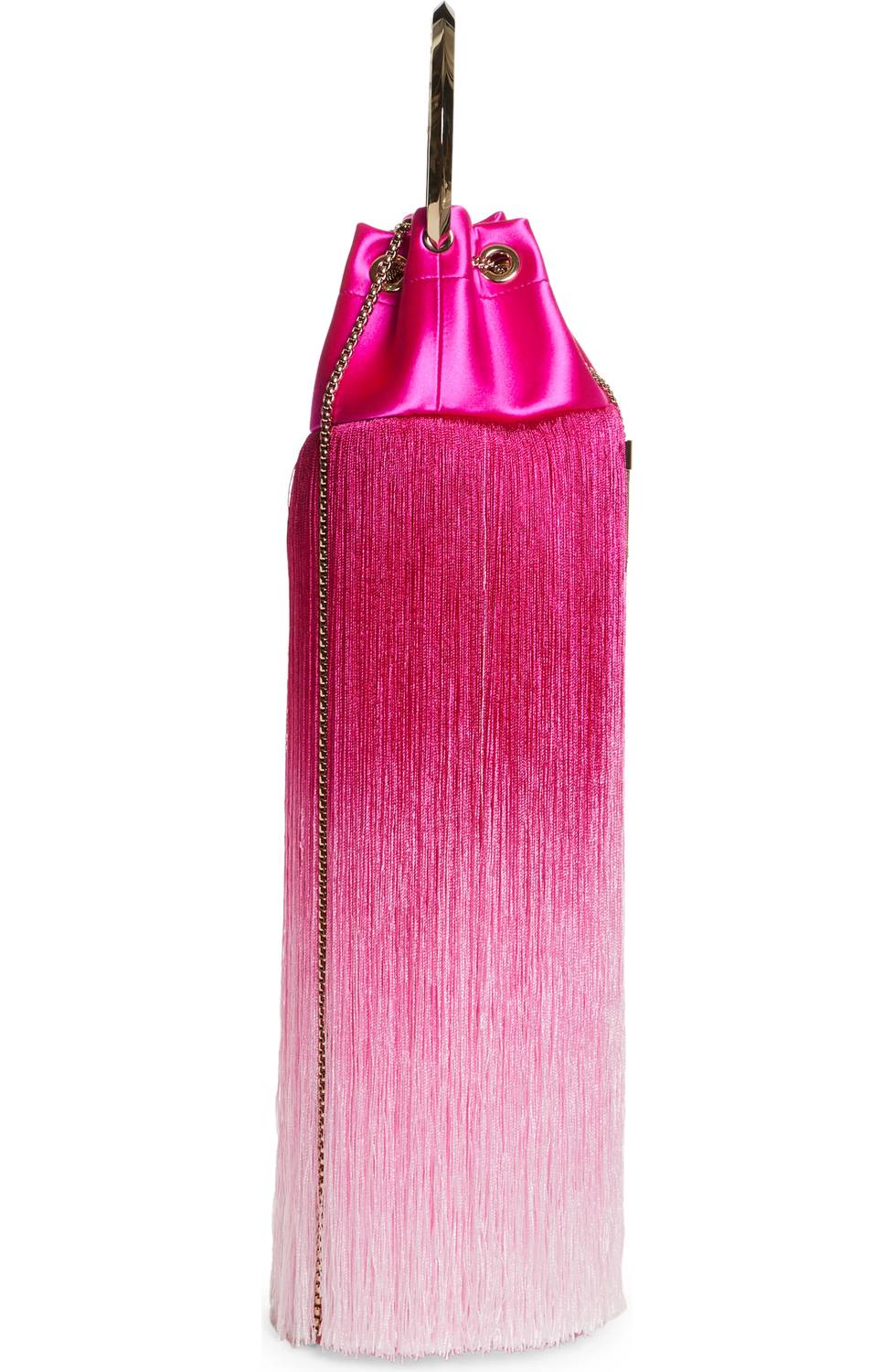 JIMMY CHOO Bon Bon Small Fringed Satin Bucket Bag in fuchsia - women's bag - detail view