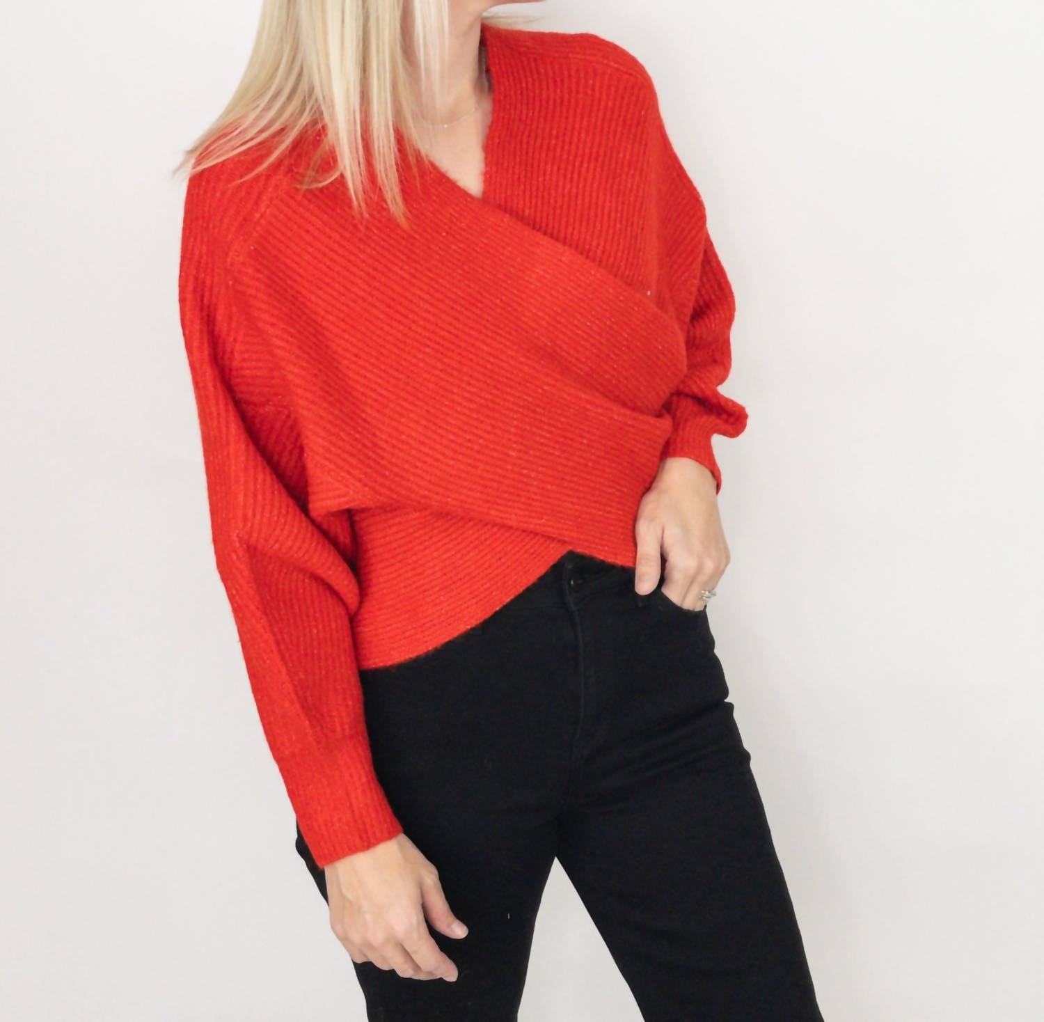 Bluivy - Wrap Crossover Ribbed Fuzzy Knit Sweater