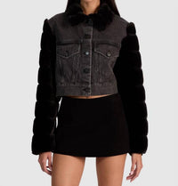 alice + olivia Jeff Faux Fur Denim Jacket in charlotte grey - women's jacket