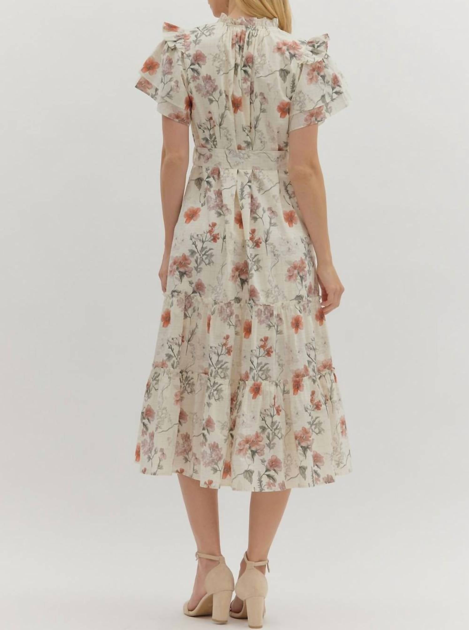 Entro - Floral Print Short Flutter Sleeve Midi Dress