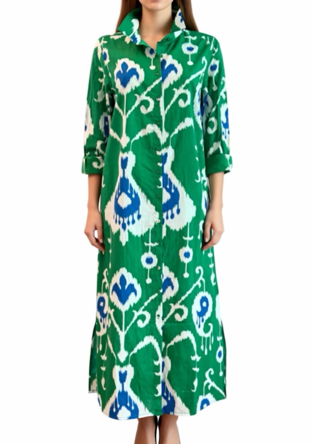 Fitzroy & Willa Sullivan Ikat Maxi Dress in green - women's dress - detail view