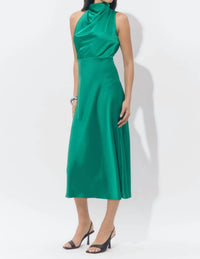 adelyn rae Jodie High Neck Satin Midi Dress in emerald - women's dress - detail view