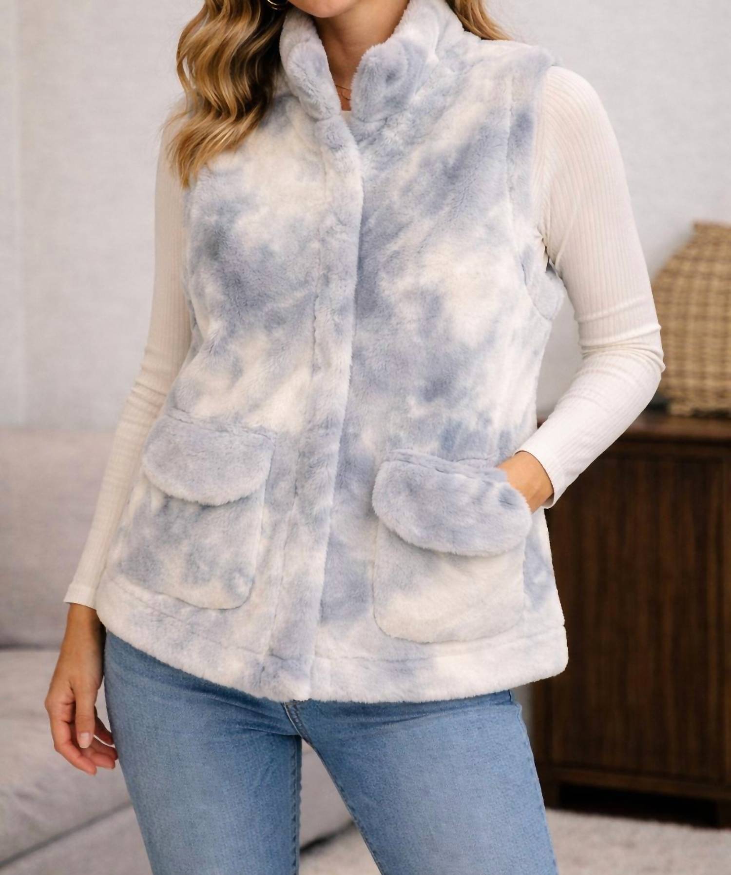 TRIBAL faux fur vest in celestial blue - women's jacket