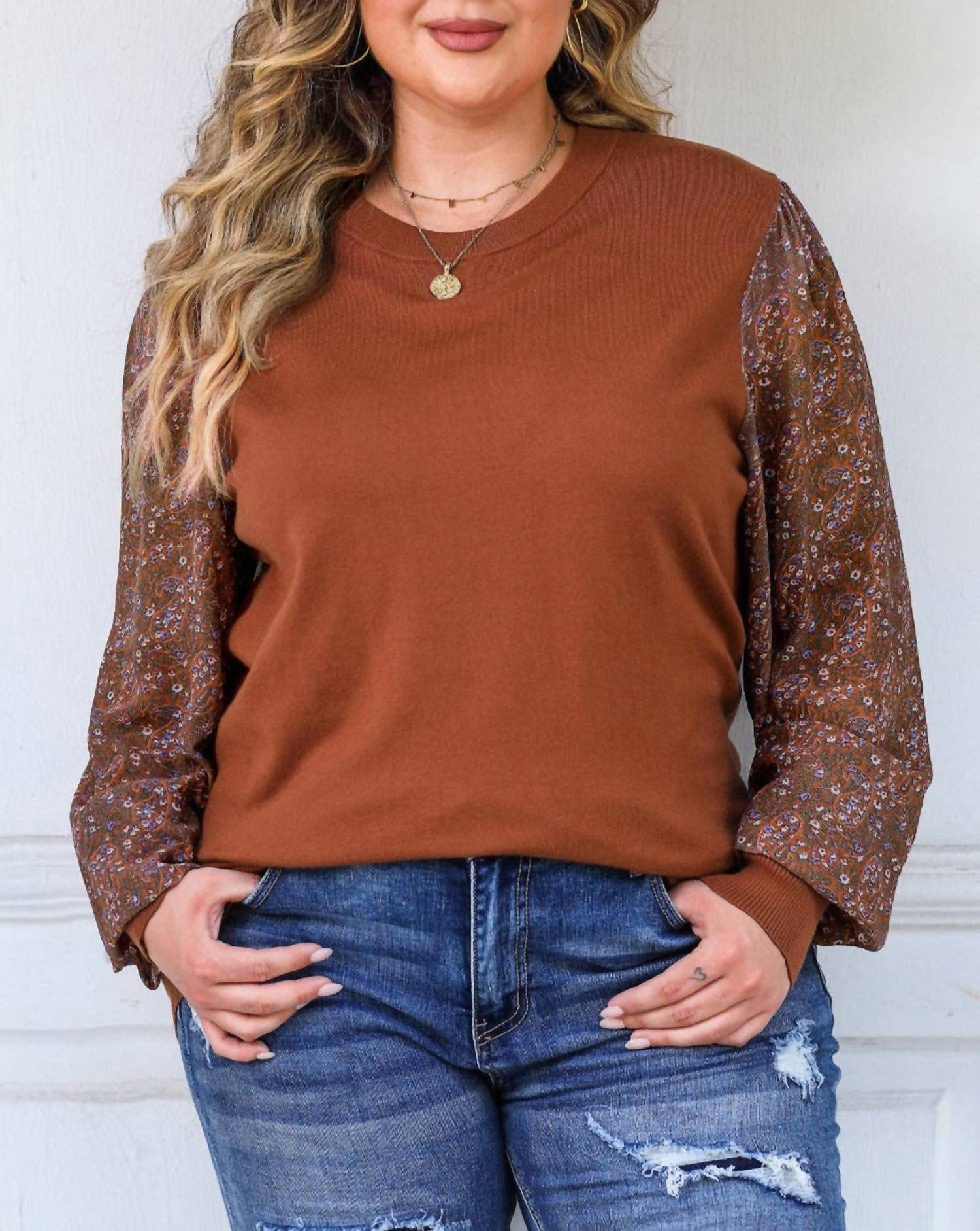Shop Lala Loo - Floral Paisley Sleeve Ribbed Trip Sweater - Plus