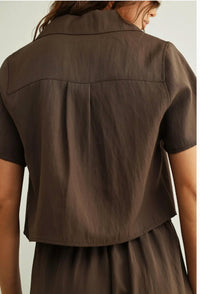 MIOU MUSE Bea Button Front Short Sleeve Top in brown - women's t-shirt - detail view