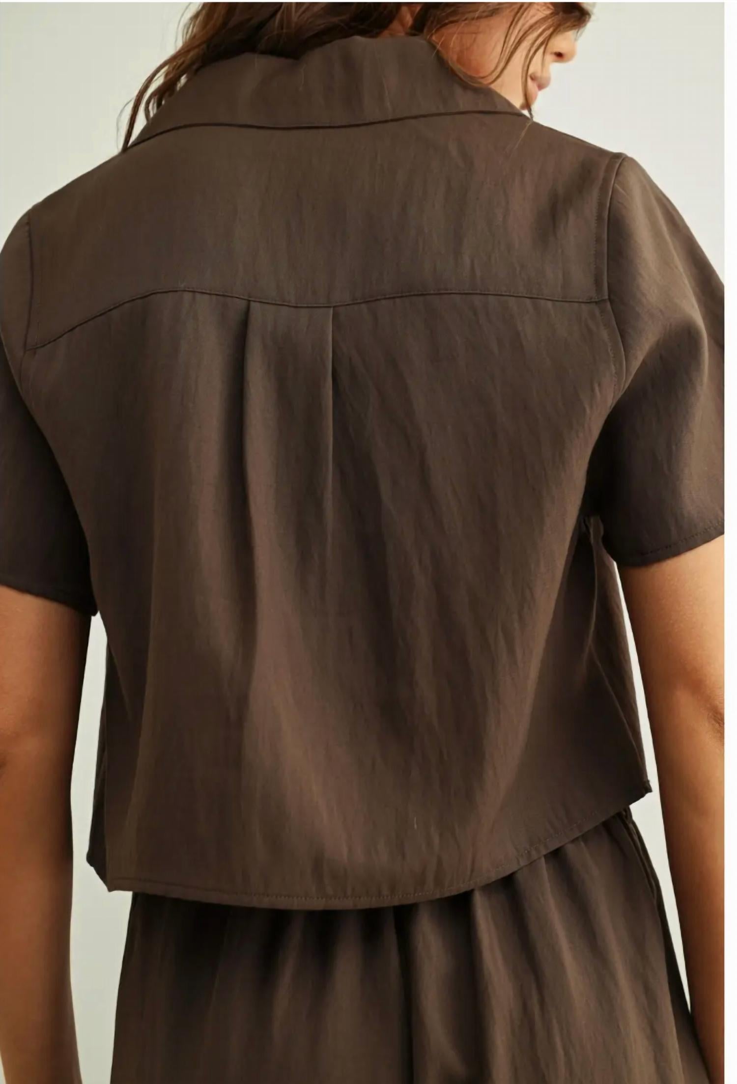 MIOU MUSE Bea Button Front Short Sleeve Top in brown - women's t-shirt - detail view