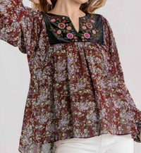 Umgee - Embroidered Velvet Yoke Floral Blouse