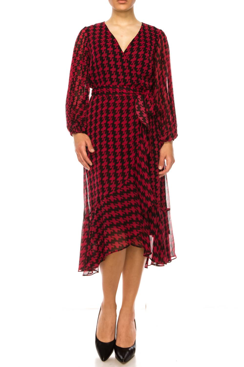 Maison Tara - Faux Wrap Houndstooth Print Midi Dress