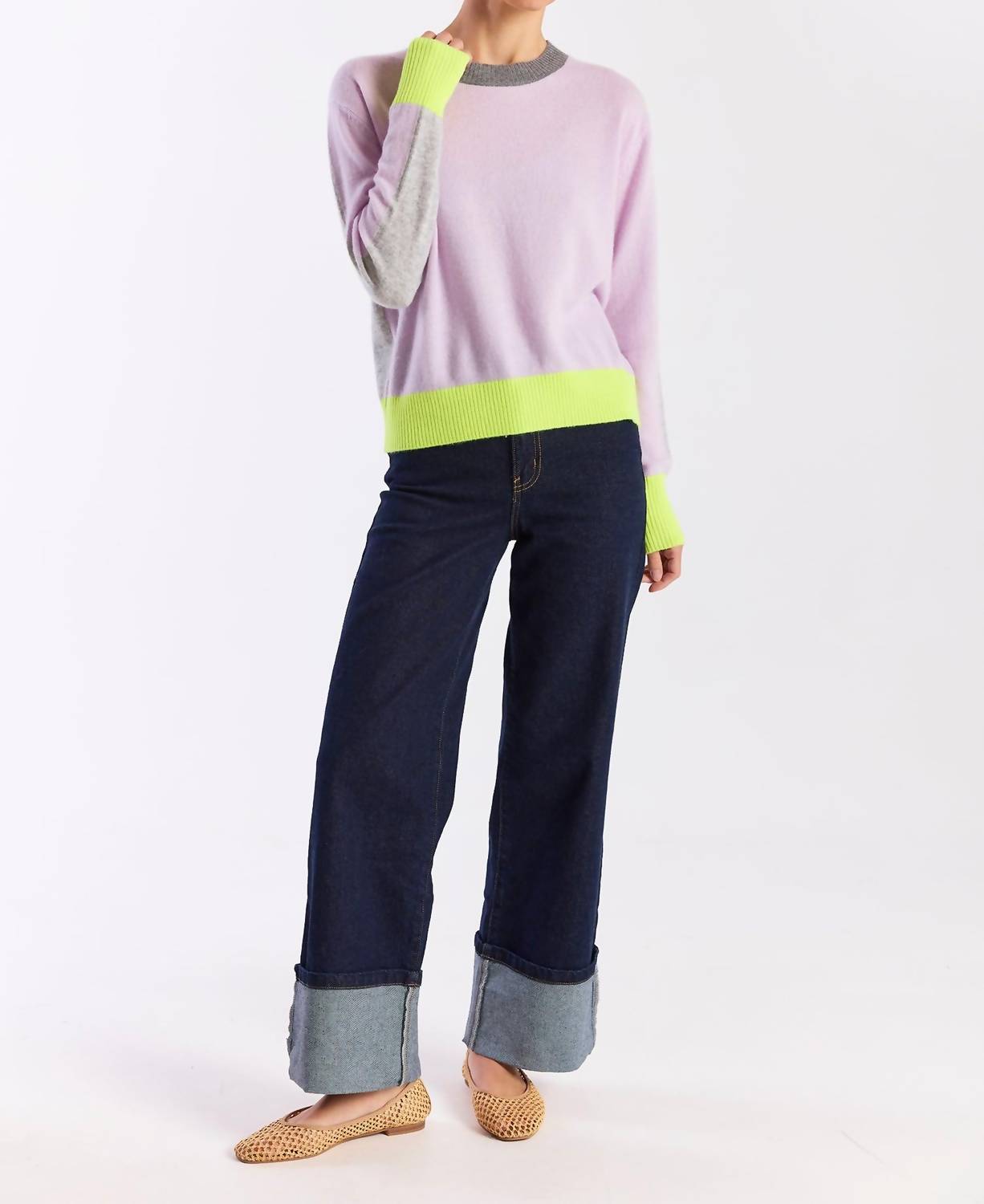 Brodie Cashmere Summer Colorblock Crewneck Top in lavendula - women's sweater - alternate view
