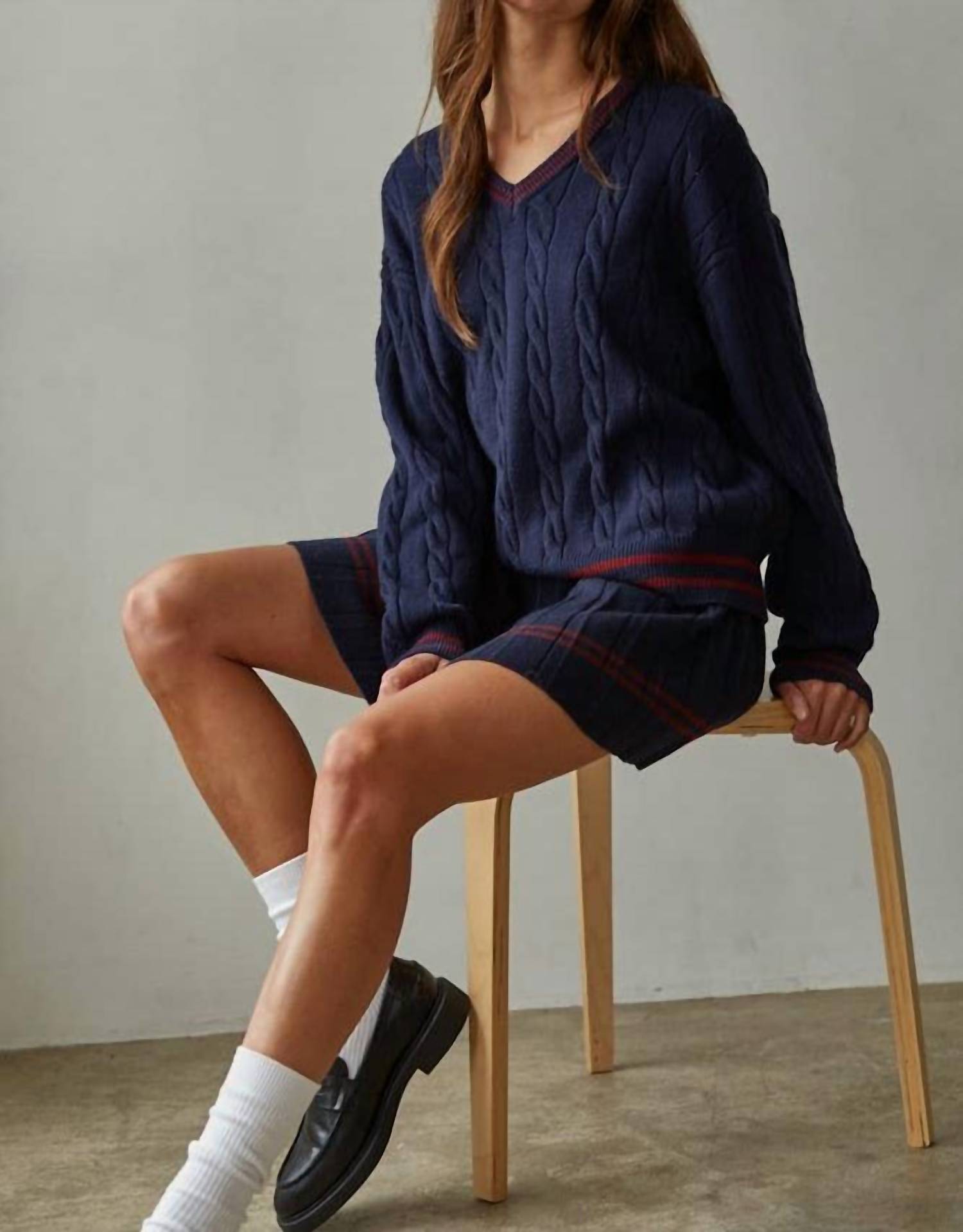 By Together - Knit Cable Sweater V-Neck Long Sleeve Pullover Top